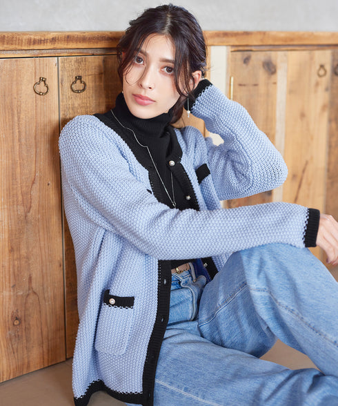 【アウトレット】ミドル丈配色ノーカラーニットジャケット