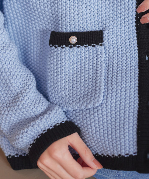 【アウトレット】ミドル丈配色ノーカラーニットジャケット