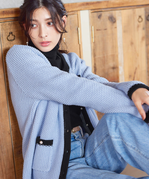【アウトレット】ミドル丈配色ノーカラーニットジャケット