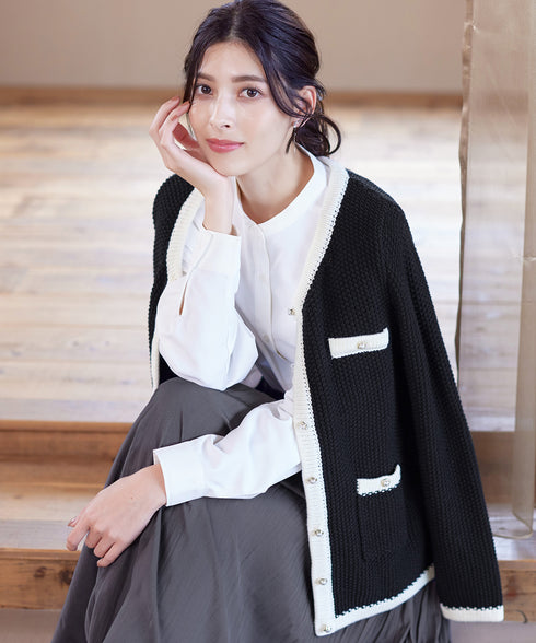 【アウトレット】ミドル丈配色ノーカラーニットジャケット