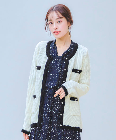 【アウトレット】ミドル丈配色ノーカラーニットジャケット