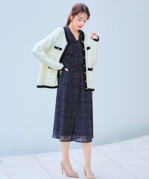 【アウトレット】ミドル丈配色ノーカラーニットジャケット