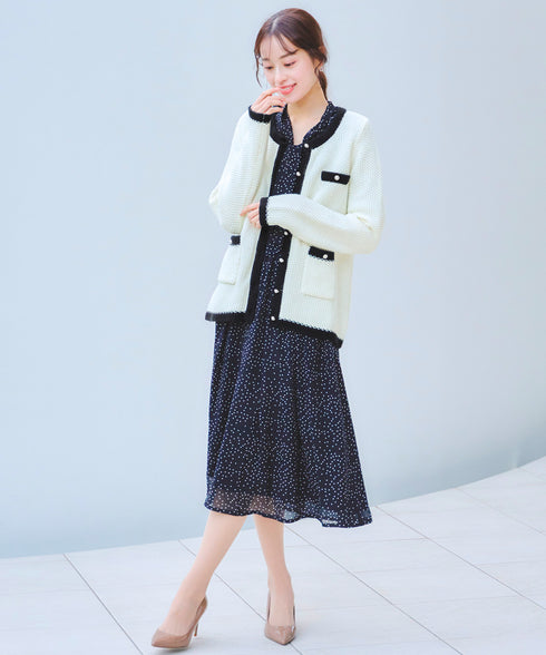 【アウトレット】ミドル丈配色ノーカラーニットジャケット