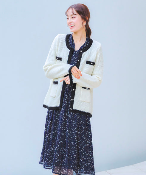 【アウトレット】ミドル丈配色ノーカラーニットジャケット