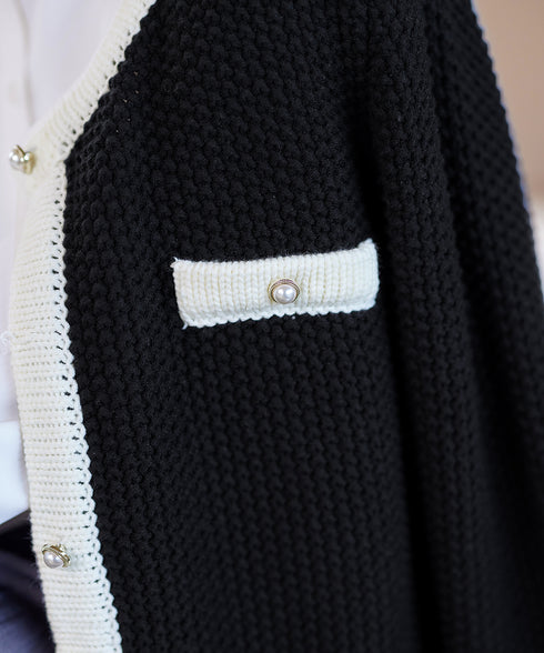 【アウトレット】ミドル丈配色ノーカラーニットジャケット