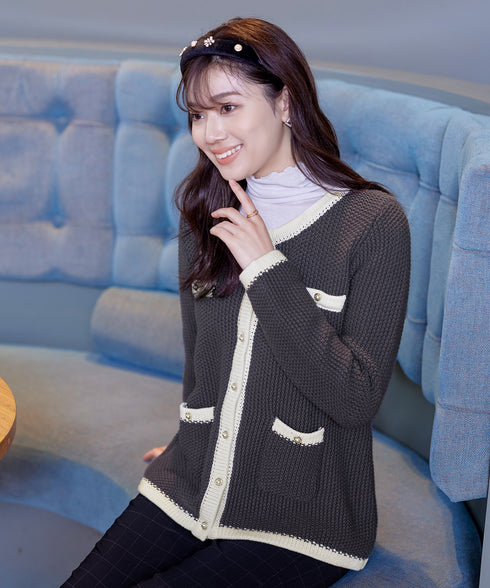 【アウトレット】ミドル丈配色ノーカラーニットジャケット