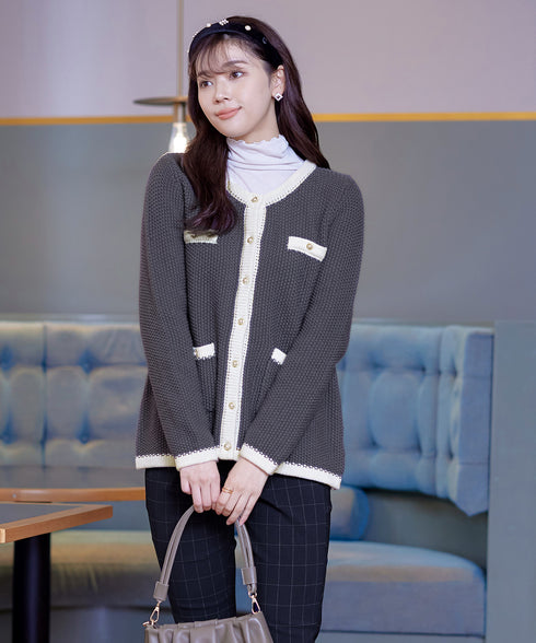 【アウトレット】ミドル丈配色ノーカラーニットジャケット