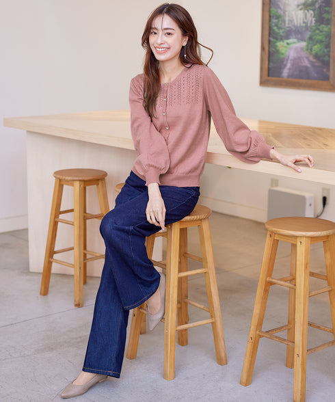 【アウトレット】透かし柄ニットコンビカーディガン
