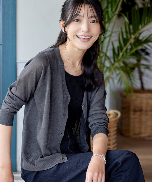 Vネックラメニットシアーカーディガン