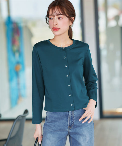 【小倉優子さん着用・洗える・接触冷感・汗ジミ防止】“サマさまカットソー”フレームボタンカーディガン