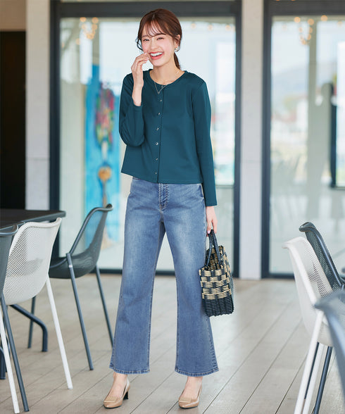 【小倉優子さん着用・洗える・接触冷感・汗ジミ防止】“サマさまカットソー”フレームボタンカーディガン