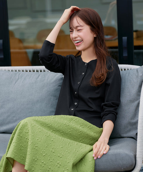 【小倉優子さん着用・洗える・接触冷感・汗ジミ防止】“サマさまカットソー”フレームボタンカーディガン