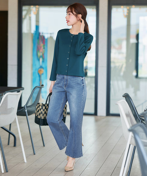 【小倉優子さん着用・洗える・接触冷感・汗ジミ防止】“サマさまカットソー”フレームボタンカーディガン