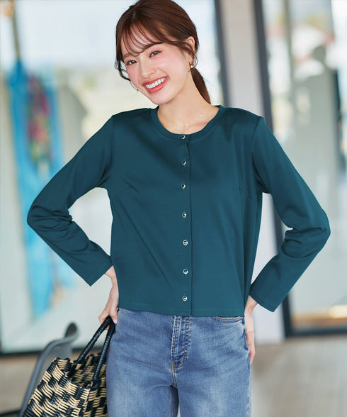 【小倉優子さん着用・洗える・接触冷感・汗ジミ防止】“サマさまカットソー”フレームボタンカーディガン