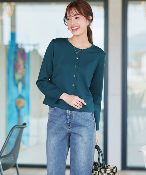 【小倉優子さん着用・洗える・接触冷感・汗ジミ防止】“サマさまカットソー”フレームボタンカーディガン