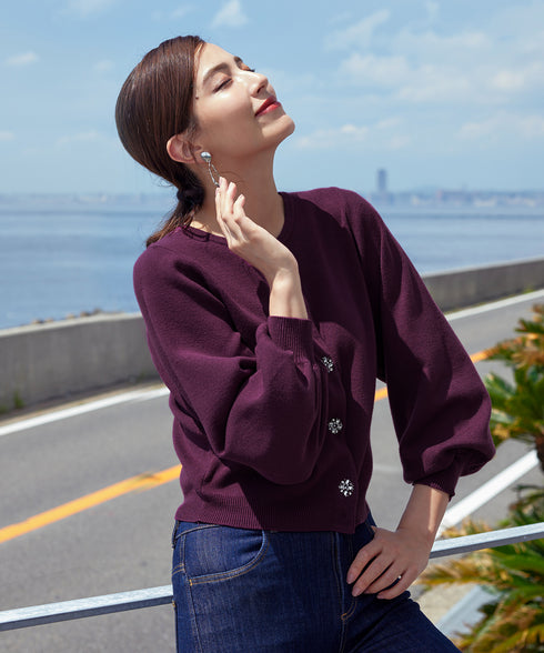 【新色追加】ビジューボタンニットカーデ