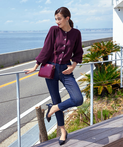 【新色追加】ビジューボタンニットカーデ