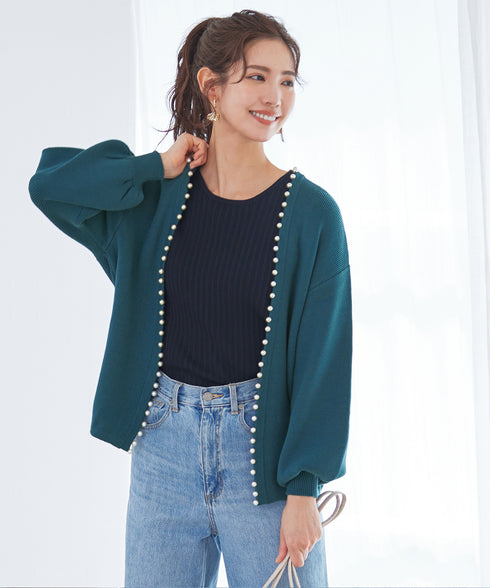 【アウトレット】パール付きパフスリーブカーディガン