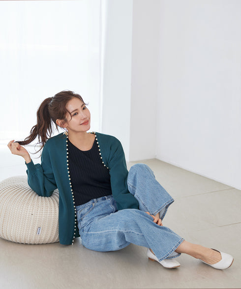 【アウトレット】パール付きパフスリーブカーディガン