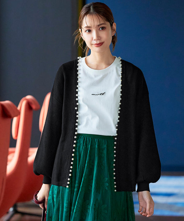 【アウトレット】パール付きパフスリーブカーディガン