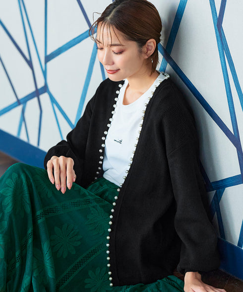 【アウトレット】パール付きパフスリーブカーディガン