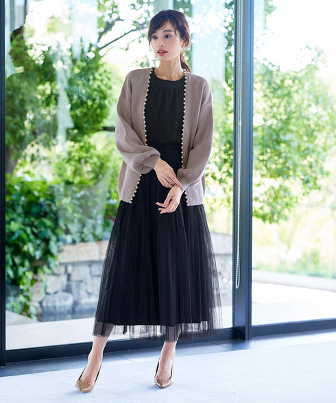 【アウトレット】パール付きパフスリーブカーディガン
