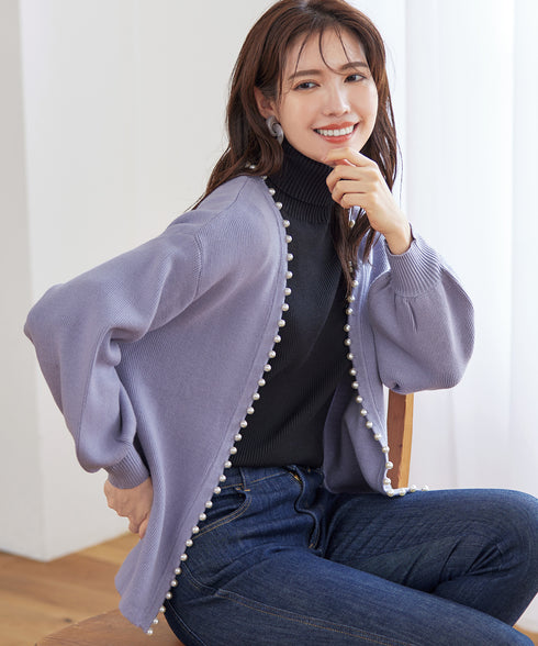 【アウトレット】パール付きパフスリーブカーディガン