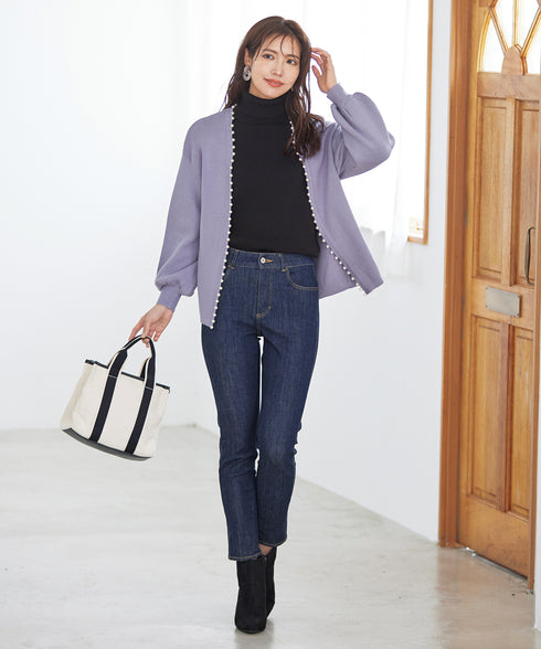 【アウトレット】パール付きパフスリーブカーディガン