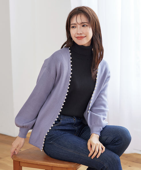 【アウトレット】パール付きパフスリーブカーディガン