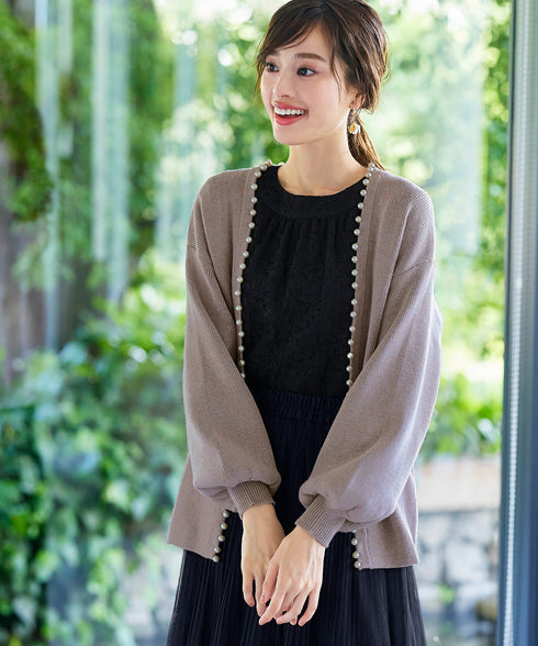 【アウトレット】パール付きパフスリーブカーディガン