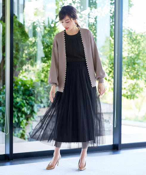 【アウトレット】パール付きパフスリーブカーディガン