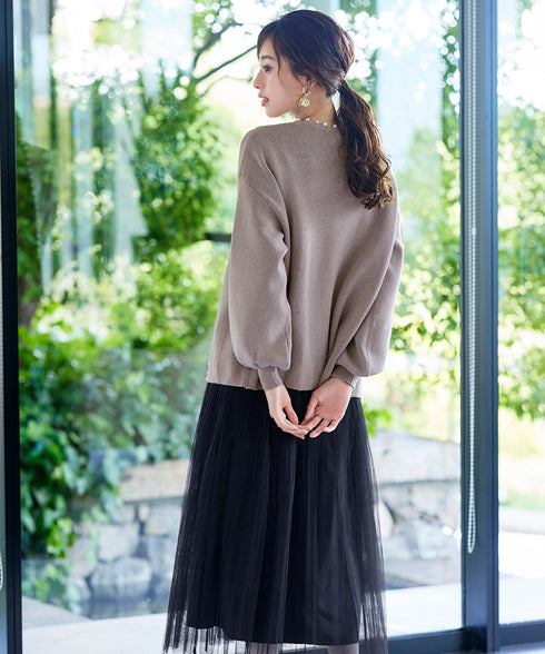 【アウトレット】パール付きパフスリーブカーディガン