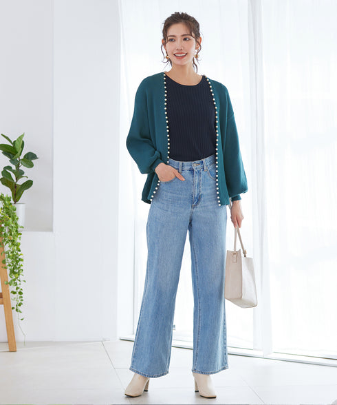 【アウトレット】パール付きパフスリーブカーディガン