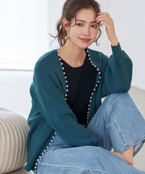 【アウトレット】パール付きパフスリーブカーディガン