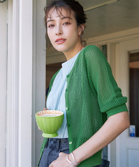 【アウトレット】メッシュ編みニットショートカーディガン