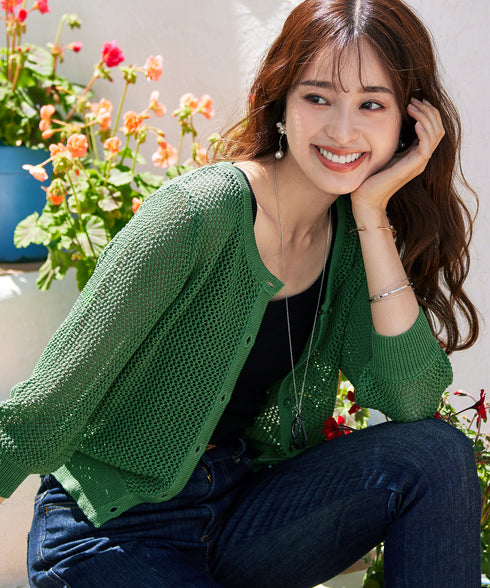 【アウトレット】メッシュ編みニットショートカーディガン