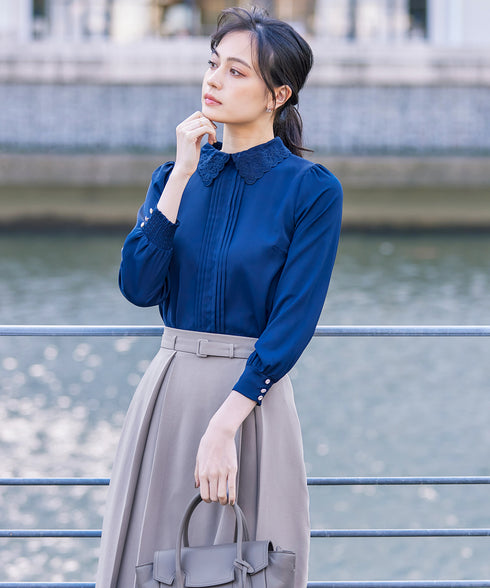 【アウトレット】ダブルストレッチ│ベルト付きタックスカート