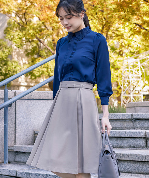 【アウトレット】ダブルストレッチ│ベルト付きタックスカート