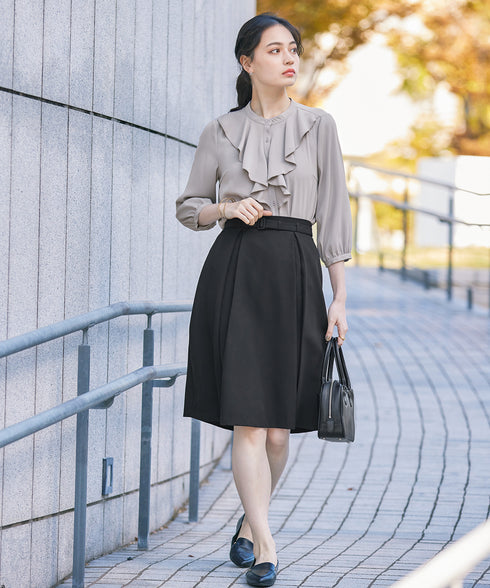 【アウトレット】ダブルストレッチ│ベルト付きタックスカート