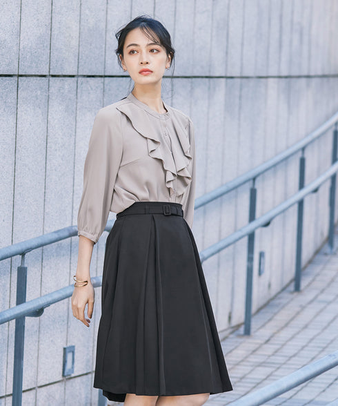 【アウトレット】ダブルストレッチ│ベルト付きタックスカート