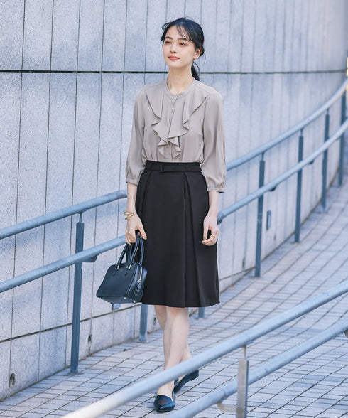 【アウトレット】ダブルストレッチ│ベルト付きタックスカート