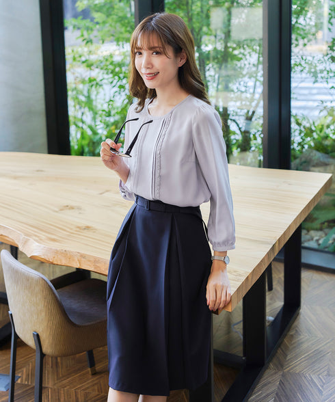 【アウトレット】ダブルストレッチ│ベルト付きタックスカート