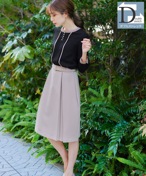 【アウトレット】ダブルストレッチ│ベルト付きタックスカート