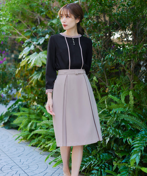 【アウトレット】ダブルストレッチ│ベルト付きタックスカート