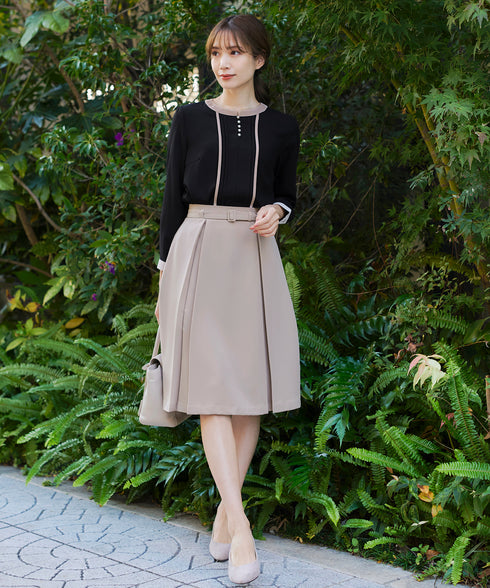 【アウトレット】ダブルストレッチ│ベルト付きタックスカート