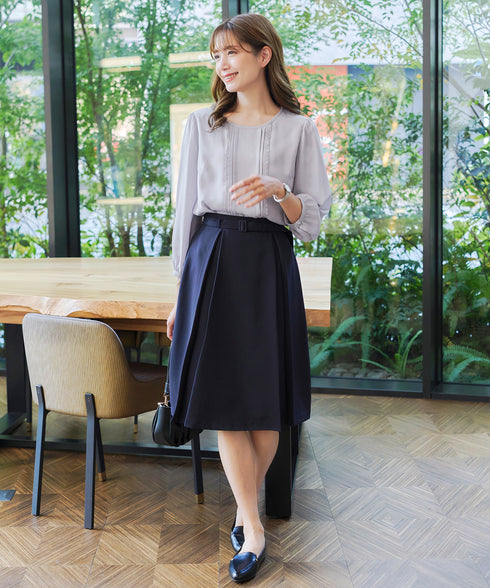 【アウトレット】ダブルストレッチ│ベルト付きタックスカート