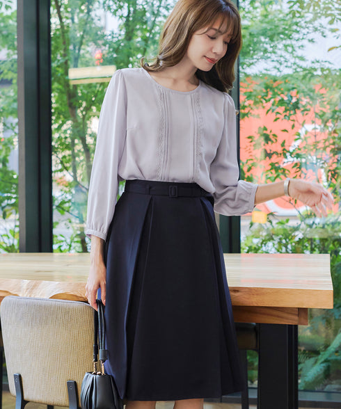 【アウトレット】ダブルストレッチ│ベルト付きタックスカート