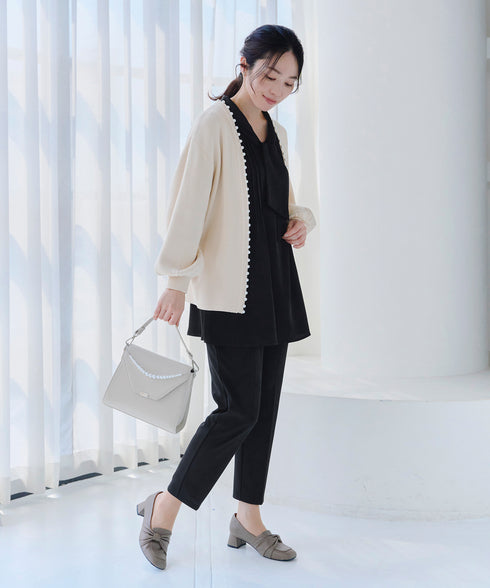 【アウトレット】パール付きパフスリーブカーディガン