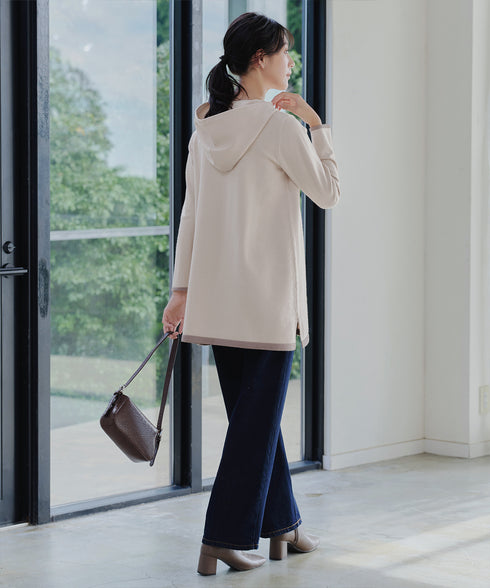 配色フーディーニットチュニック