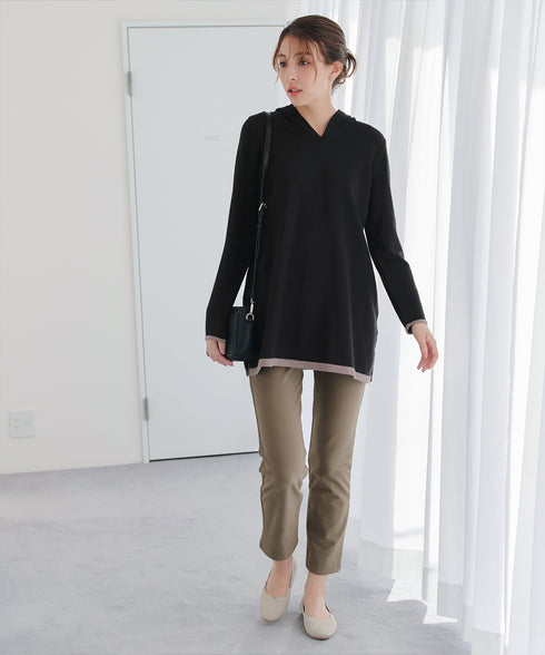 配色フーディーニットチュニック